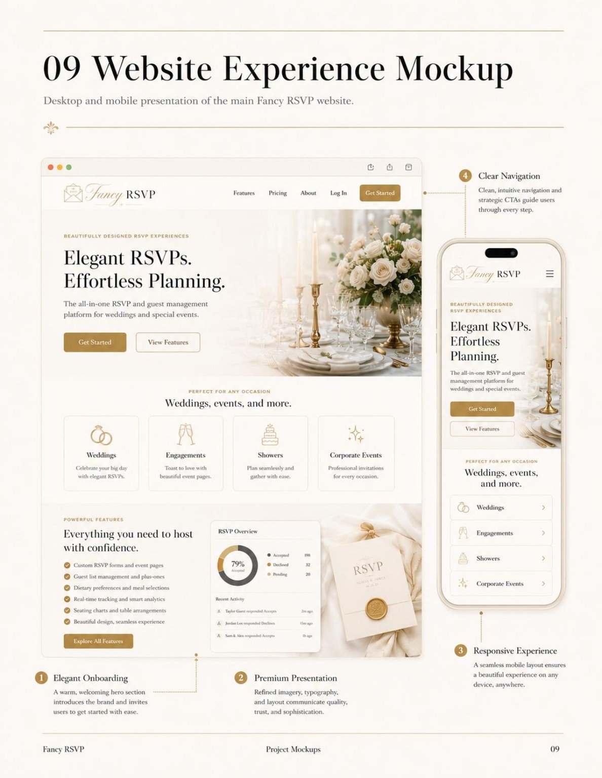 Fancy RSVP website homepage mockup showing elegant RSVP platform interface